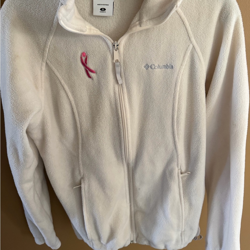 Columbia Cream Women's Fleece Jacket with Pink Ribbon Detail